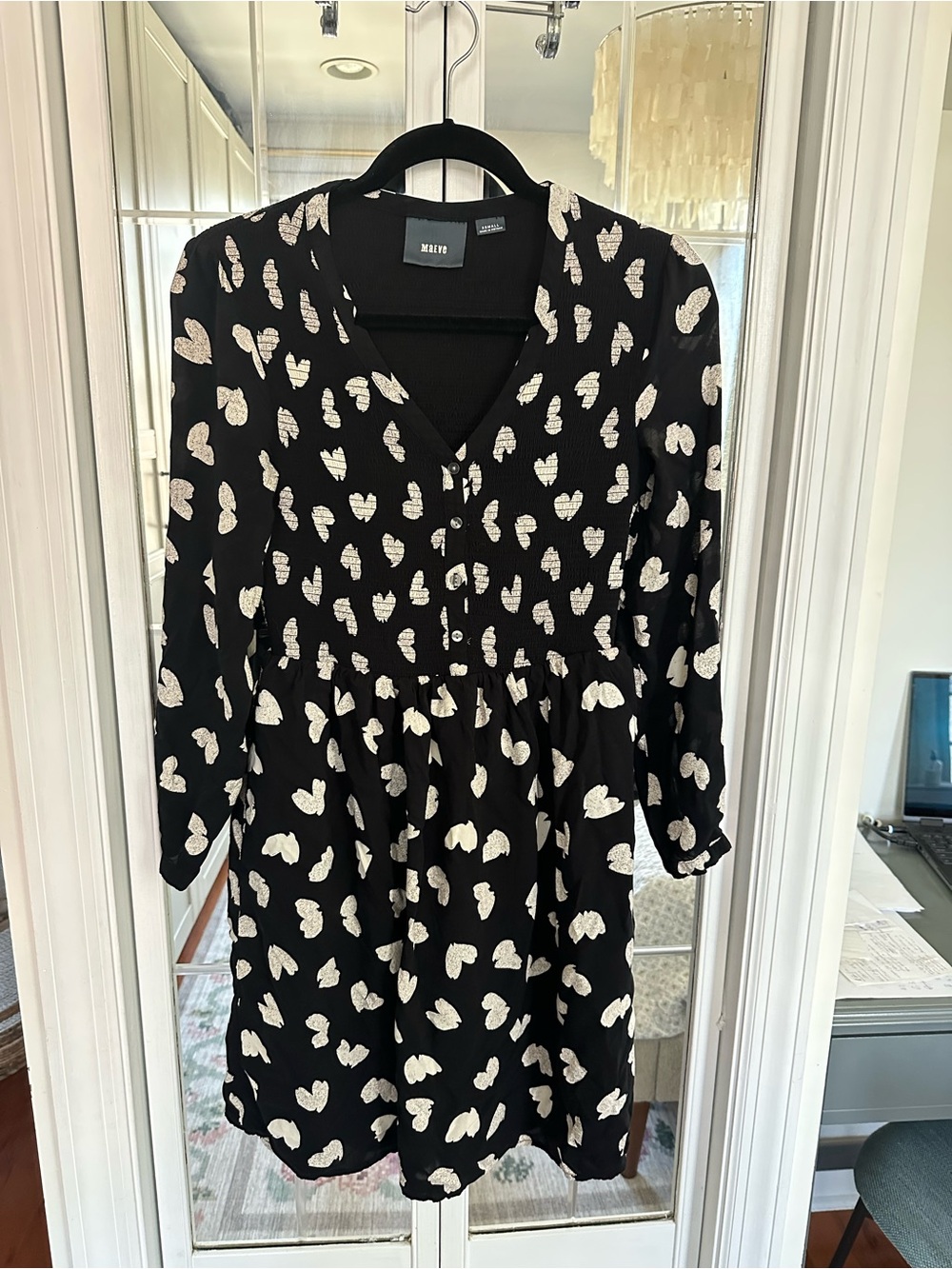 Anthropologie Black Mini Dress with Cream Heart Print